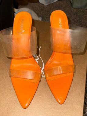 Viviana Neon Orange Pointed Mule with Clear Straps